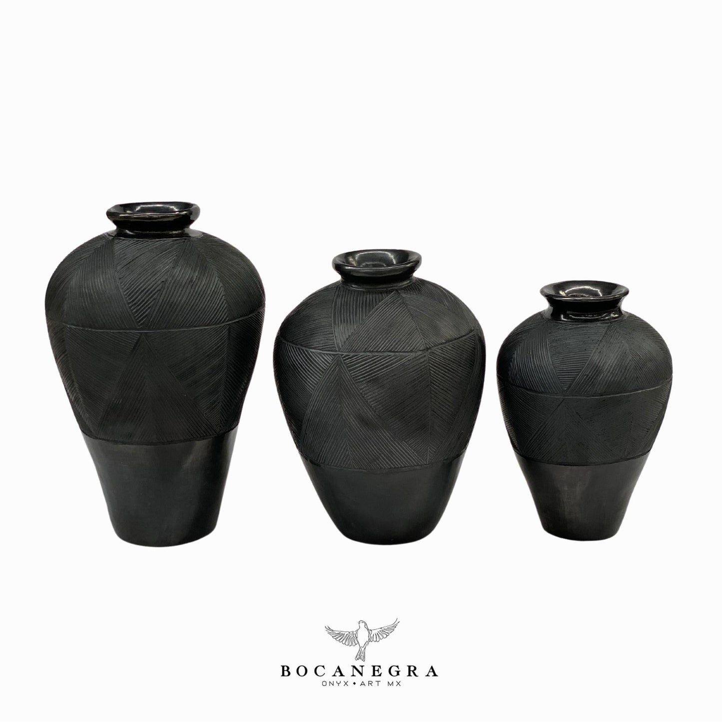 Black Clay Carved Vase (3 set) - Decorative jar - Mexican barro negro