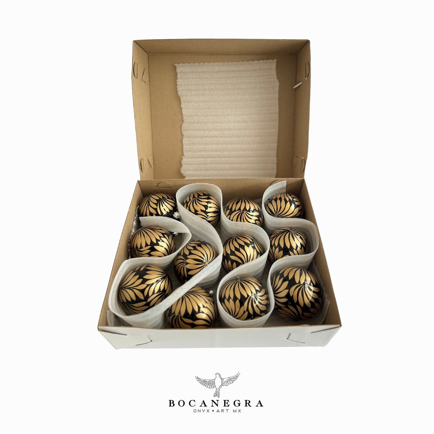 Blown Glass Christmas Gold Sphere, Christmas Tree, Blown Glass Ornament, Black and Gold Baubles, (Set of 12)