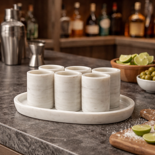 White Marble Tequila Shots - Hand carved shot - (Set of 6)
