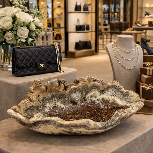 Hand-Carved Onyx Bowl – Natural Stone Centerpiece, Beige & Gray