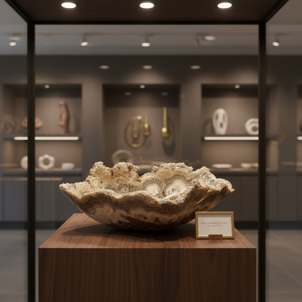 Hand-Carved Onyx Bowl – Natural Stone Centerpiece, Beige & Gray