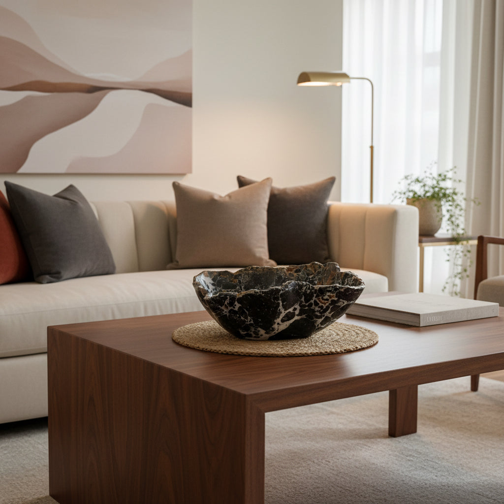 Black Marble Decorative Bowl - Centerpiece - Fruit Platter - Elegant Marble Bowl - Handcrafted Beauty for Your Home