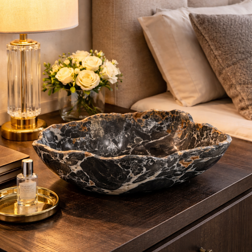 Black Marble Decorative Bowl - Centerpiece - Fruit Platter - Elegant Marble Bowl - Handcrafted Beauty for Your Home