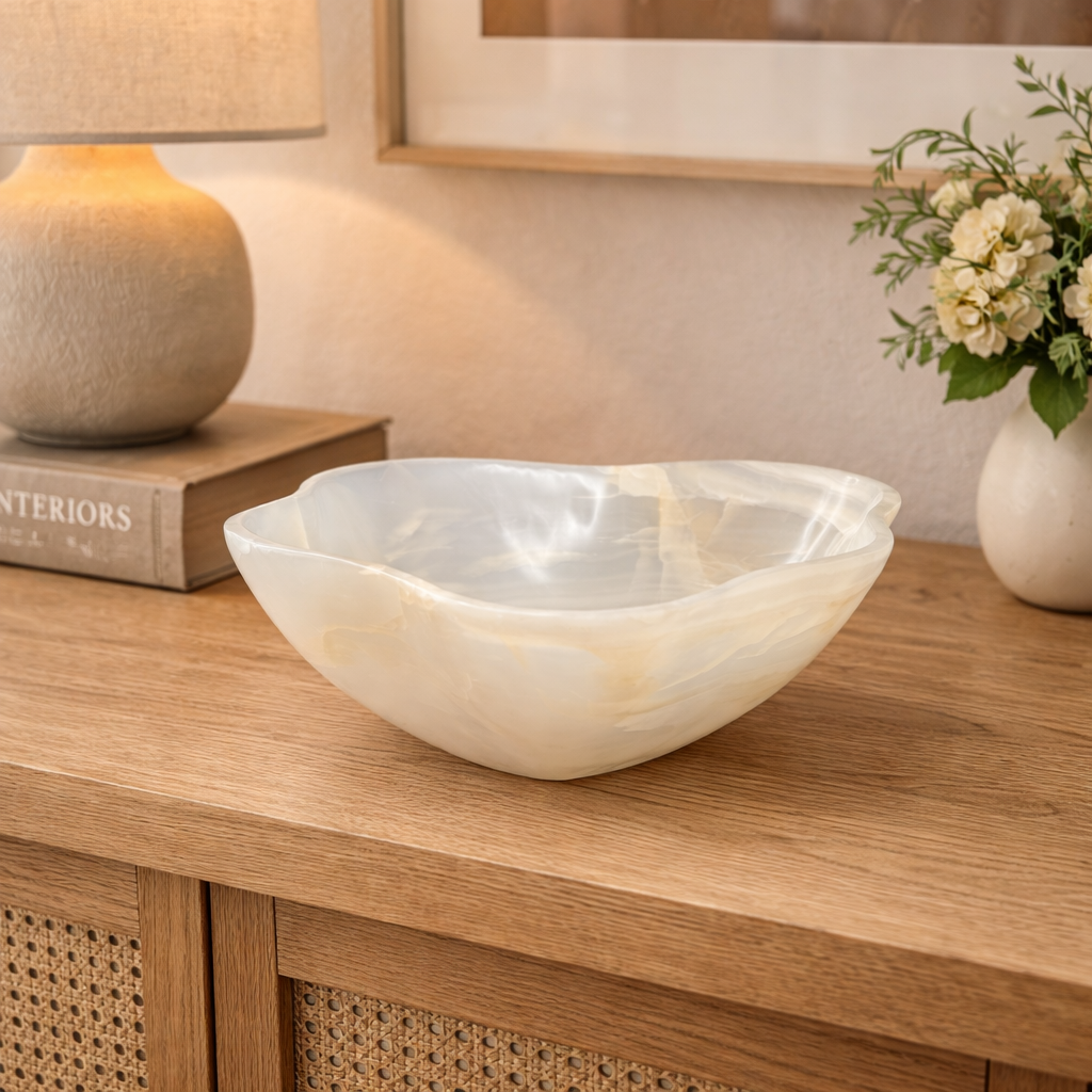 White Onyx Decorative Bowl - Centerpiece - Fruit Platter - Elegant Onyx Bowl - Handcrafted Beauty for Your Home