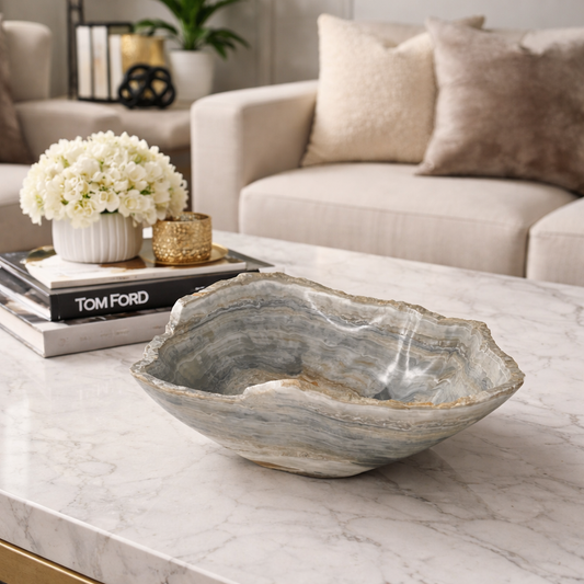 Gray Onyx Decorative Bowl - Centerpiece - Fruit Platter - Elegant Onyx Bowl - Handcrafted Beauty for Your Home