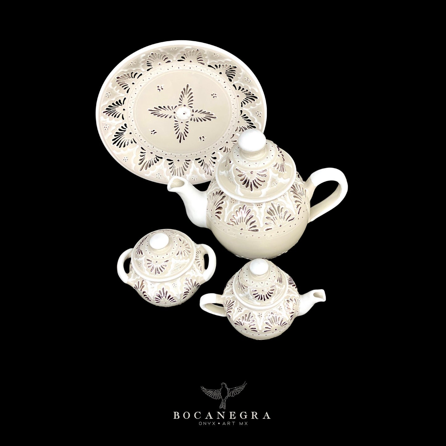 White Talavera Tea Set with Platinum Inlay Set of 4 pieces