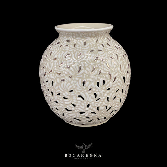 White Talavera Decorative Vase with Platinum Inlay