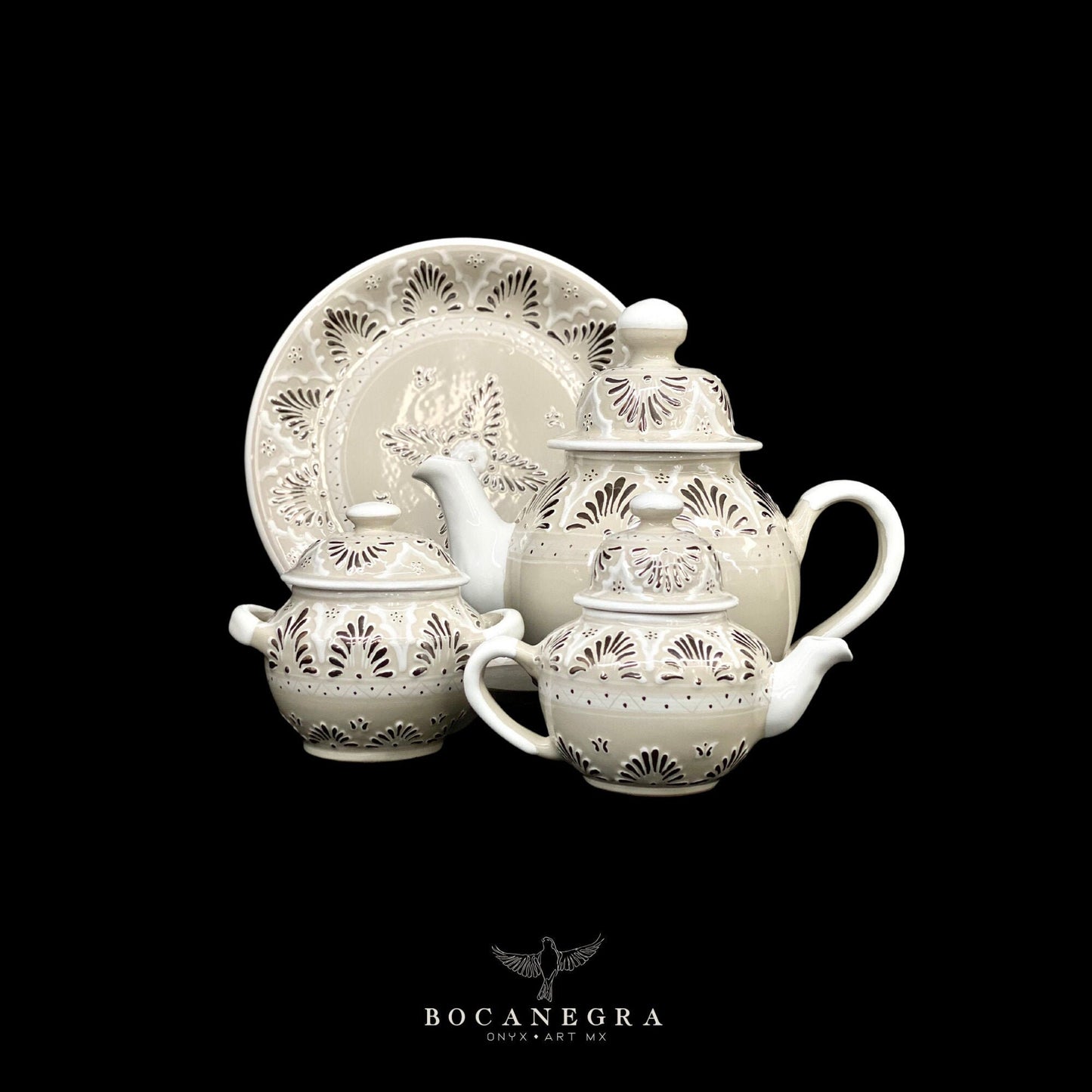 White Talavera Tea Set with Platinum Inlay Set of 4 pieces