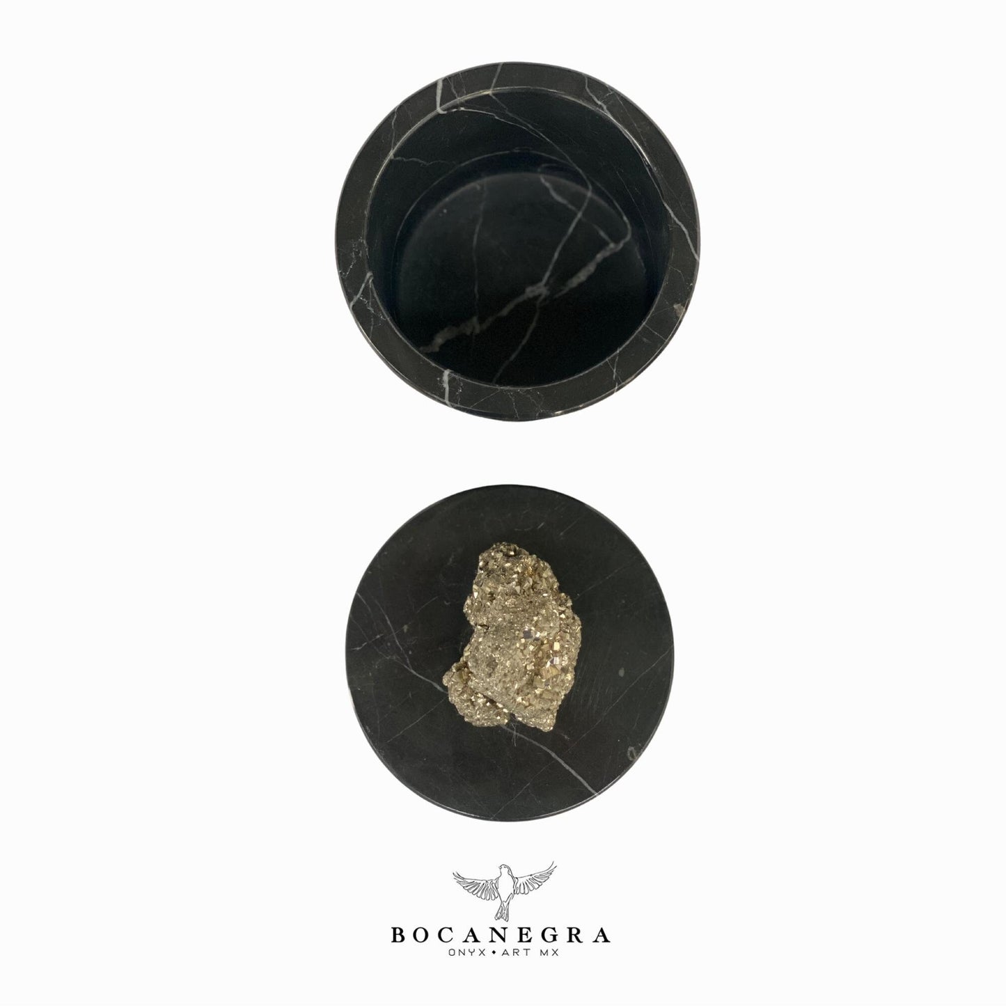Black Marble Round Jewelry Box with Pirita (Mineral) Handle
