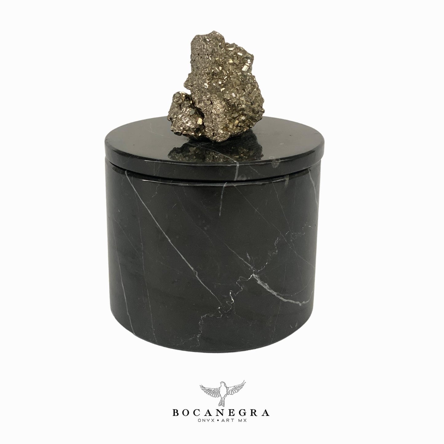Black Marble Round Jewelry Box with Pirita (Mineral) Handle