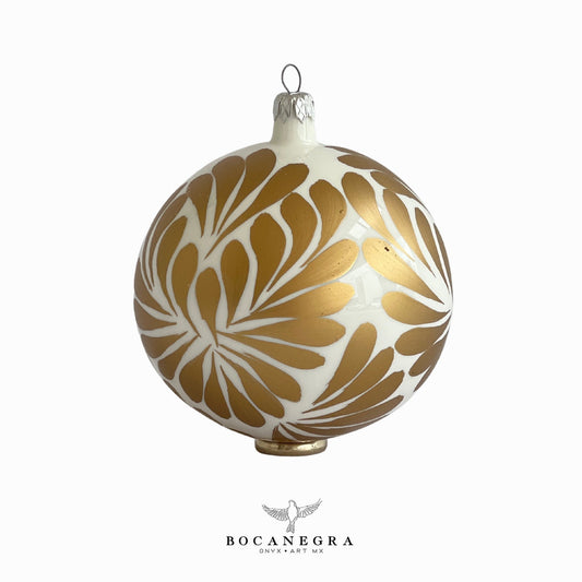 Blown Glass Christmas Gold Sphere, Christmas Tree, Blown Glass Ornament, White and Gold Baubles, Hand Painted Talavera Ornament (Set of 12)